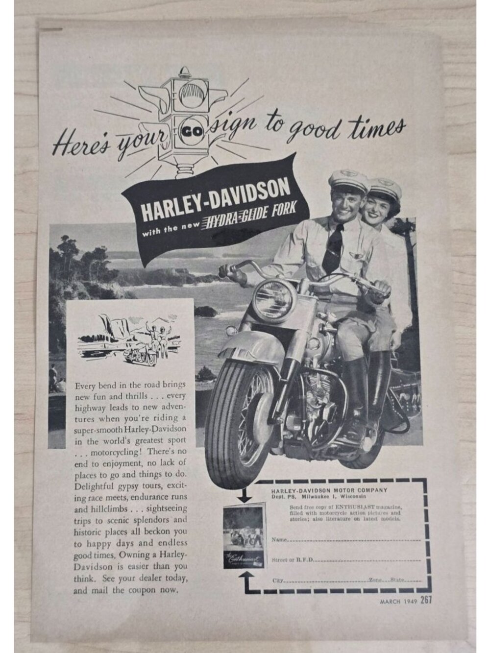 Vintage 1949 Harley Davidson Hydra Glide & Evinrude Outboard Motor Magazine Ad